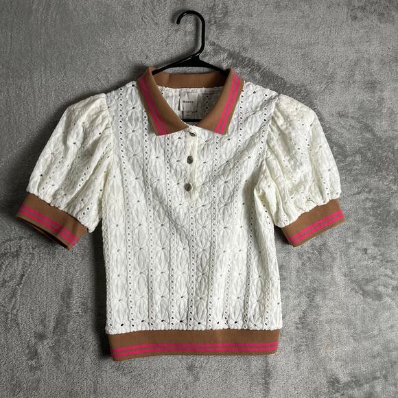 Maeve Lace Puff Sleeve Polo Preppy Cottagecore Feminine Romantic Feminine XS - Picture 1 of 6